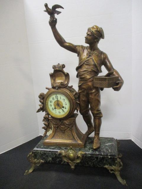 French Sculpture Bronze Clock w/Uranium Glass Face