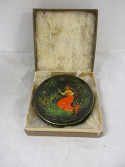 Russian Black Lacquer Box in original Box 'maiden in forest'