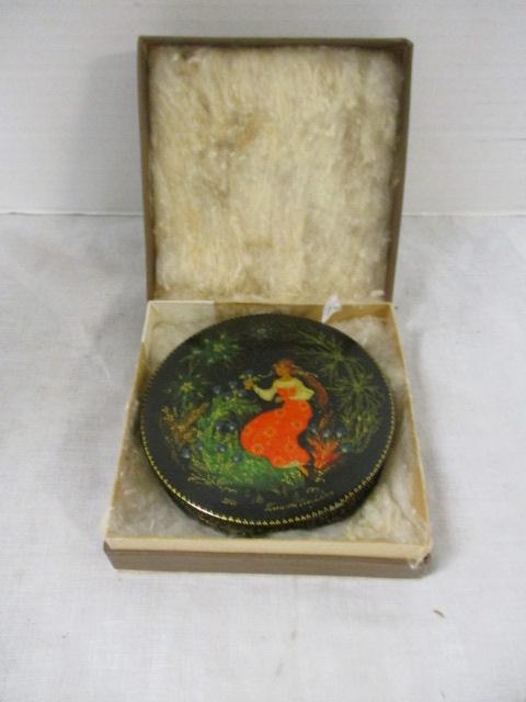 Russian Black Lacquer Box in original Box 'maiden in forest'