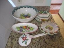 Italian Pottery Bowl, Mold, Strainer Ladle, Oval Tray and Dish