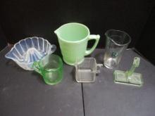 Green Uranium Glass Measuring Cup, Moonstone Juice Reamer, Jadeite