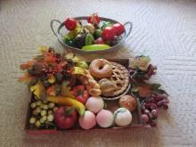 Assortment of Ceramic, Glass and Fabric Fruit, Faux Display Cake and Pie