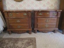 Pair of Athens Furniture Oak 2 Drawer Nightstands with Carved Shell Appliques