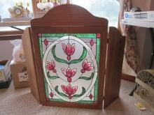 Pine Fireplace Screen with Stained Glass Style Panel