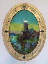 Framed Vintage Reverse Painted "Summer in Holland" on Convex Bubble Glass