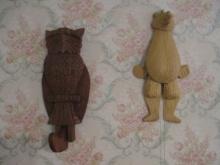 Two Vintage Hand Carved Jumping Jack Owl Coat Hook and Bear Puppet