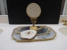 Retro Gold Tone Metal Vanity Trays, Hand Mirror, and Stand Mirror