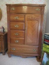 Athens Furniture Oak Armoire Chest with Carved Shell Appliques