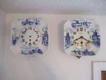 Two Blue and White German 8 Day Kitchen Clocks