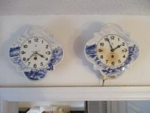 Two Clover Shaped Blue and White German 8 Day Kitchen Clocks