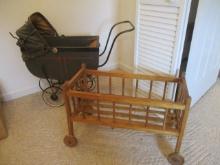 Antique Wood Doll Bed and Stroller