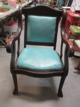 Antique Blue Leather Seat & Back Ball & Claw Feet Chair w/nailheads