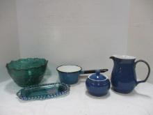 Enamel Pot, Green Bowl, Blue Derby Pitcher & Sugar Bowl