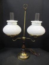 Milkglass Hobnail Double Globe Electric Lamp with wood/brass base