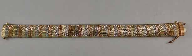 Stunning Tri Color 14k Gold Bracelet, 5/8" Wide, 7.5" Long, 33.6gm Total Weight