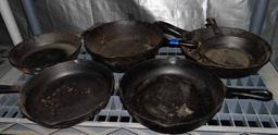 4 Cast Iron Skillets: Chicken Fryer With Double Pouring Spouts Has Diamond C Logo 11" Diam, 3.25" De