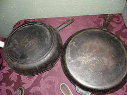9 Cast Iron Skillets - (2 Unmkd. #10; Unmkd.#9?; 11/25" Round Griddle; #8 Made In USA; #7 Wagner War