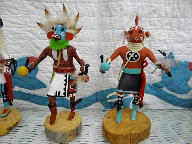 8 Kachina Dolls: 3 By S.B.- Sunface, Buffalo & Mudhead; Heinis By CB; Owl By Jym Mariano; Ram Antelo