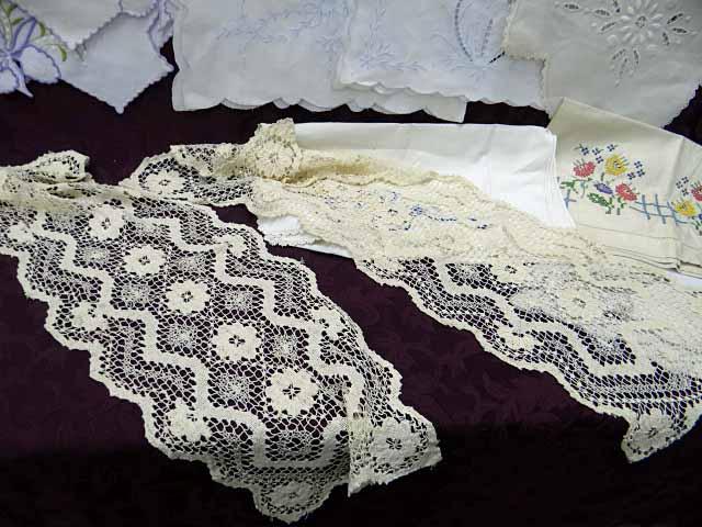 Vintage Linens - 8 Dresser Scarves, 30+ Doilies / Coasters, 7 Pc. Set Embroidered Dish Towels, 12+ G