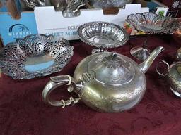 Vintage & New Metalwares: Lots Of Silverplate - EPNS Heavily Etched Teapot, Cov. Sugar & Creamer; 4