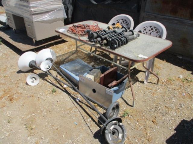 Outdoor Table W(2) Plastic Chairs & Misc Items