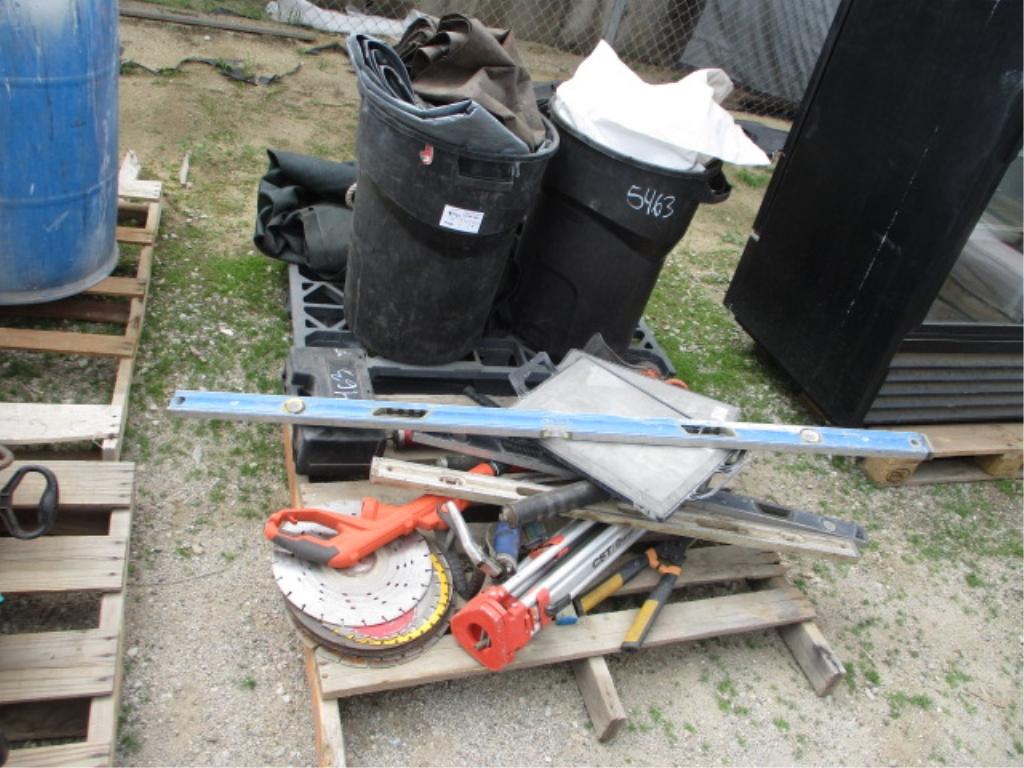 Lot Of Misc Tarps, Trash Cans, Saw Blades,