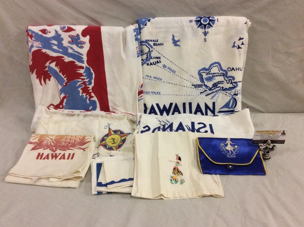 Collection of 12 vintage 1960's Hawaii themed items, includes 3 tablecloths, napkins, side bag