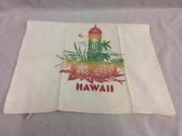 Collection of 12 vintage 1960's Hawaii themed items, includes 3 tablecloths, napkins, side bag