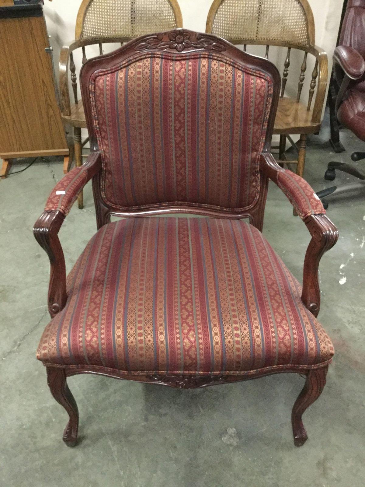 vintage 40's wood and upholstey inspired parlor armchair with Chippendale influence