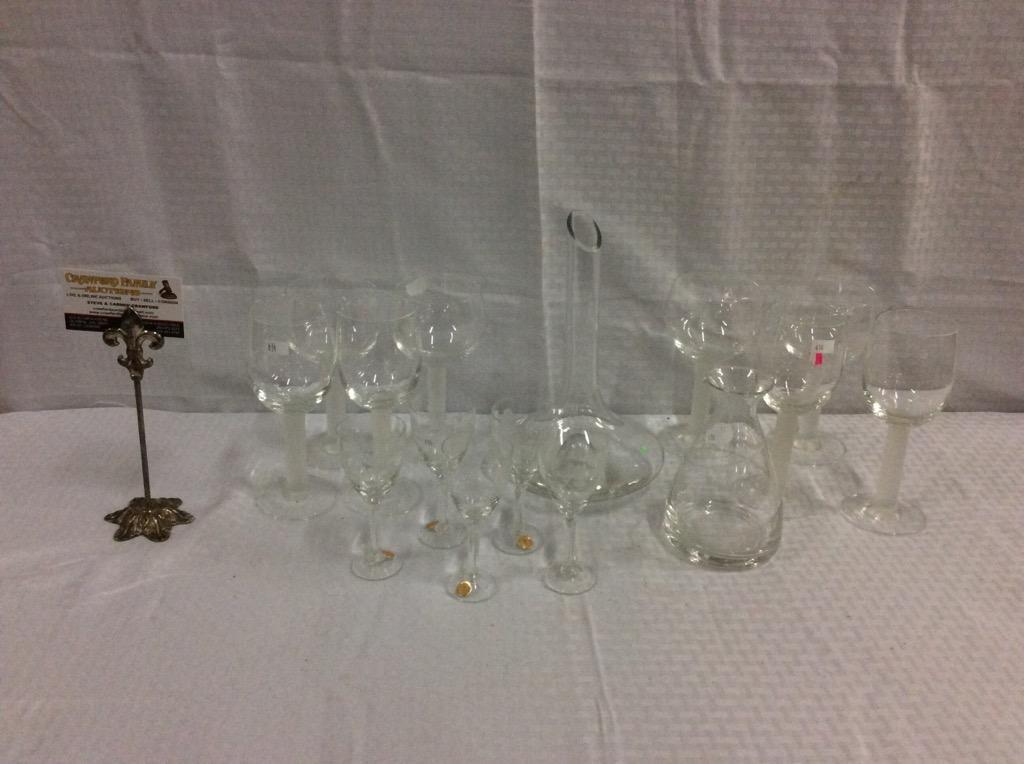 Wonderful set of bar ware - long decanter, short carafe 8 goblets and 5 Romanian sherry glasses