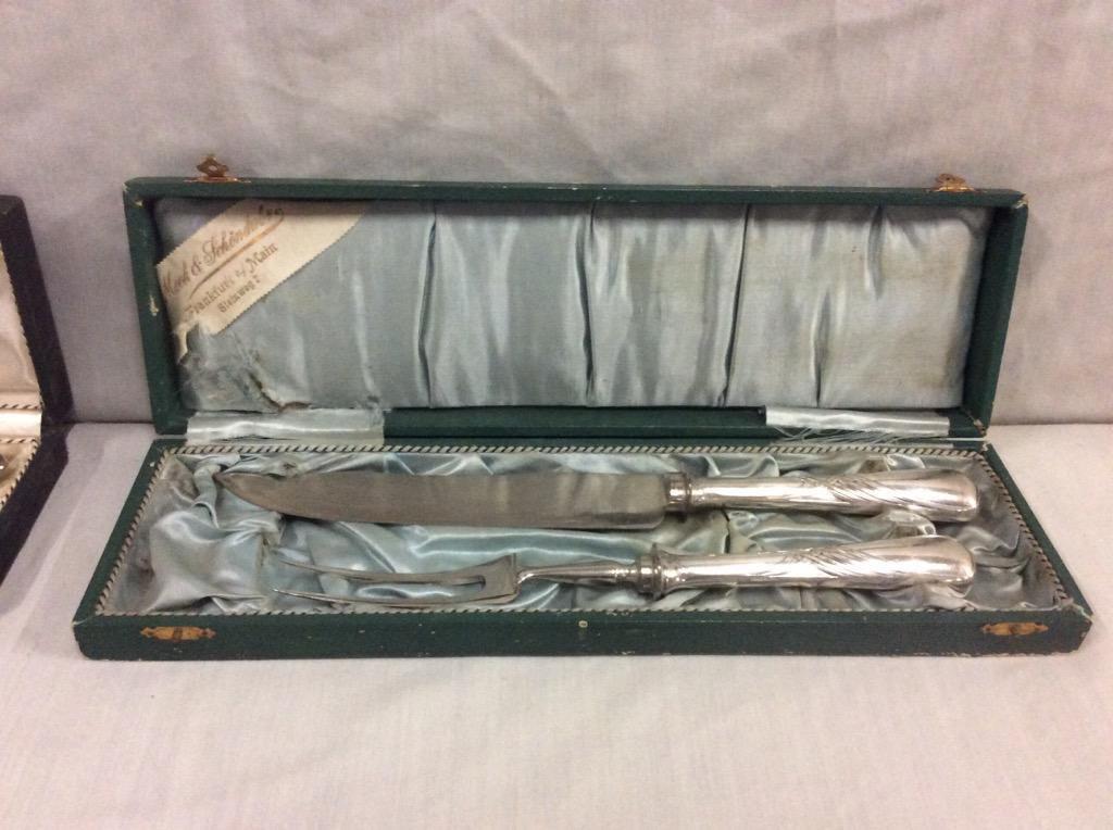 Mook & Schondube silverplated antique carving set in box w/ 3 pc Siam brass serving set