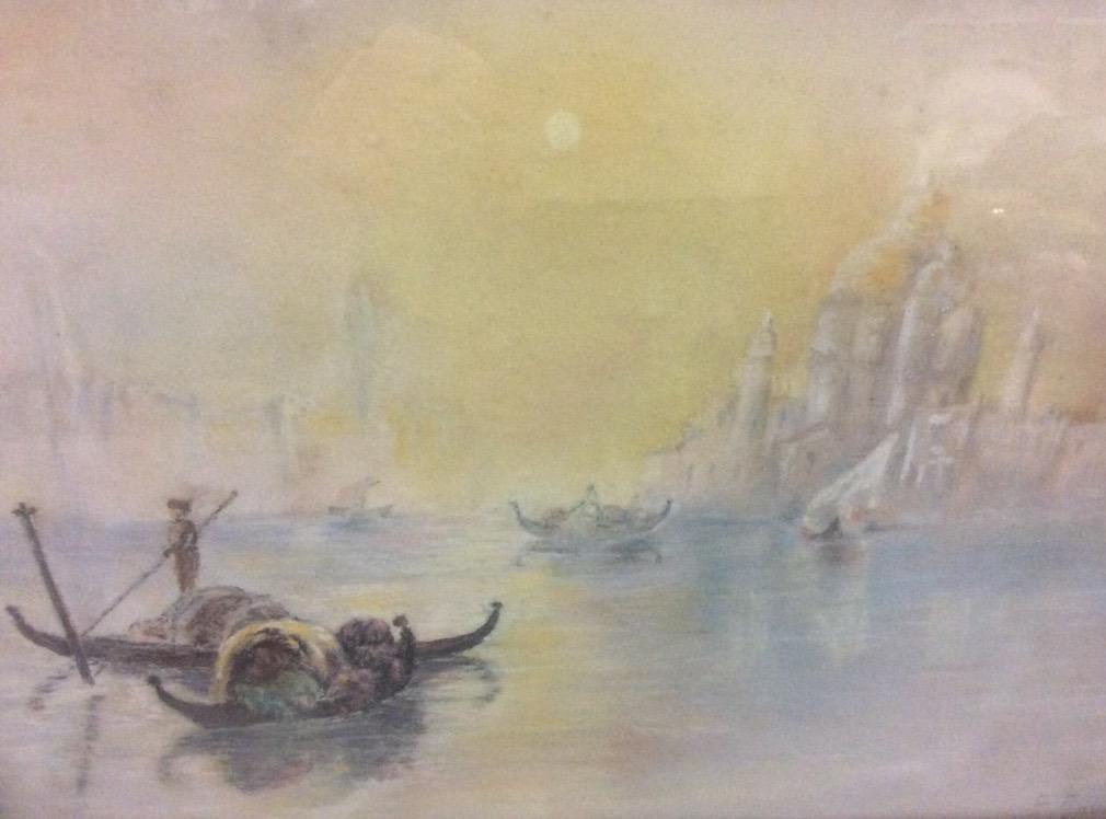 Antique pastel Venetian boat scene in original frame - signed as is