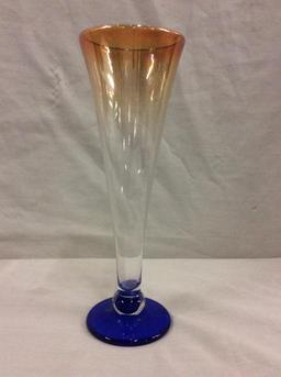 Set of two hand made orange ombre and blue base art glasses - signed by the artist