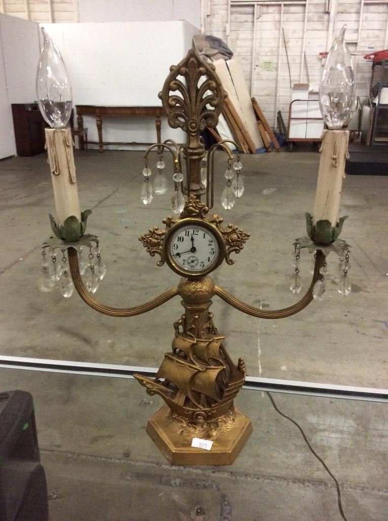 40's candelabra electric light with ship base and center clock - as is needs work