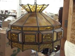 Vintage hanging amber glass pub light chandelier with textured and smooth glass panes