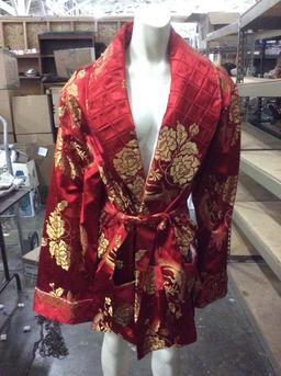 Silk Asian robe/smoking jacket with gold flower theme, quilted lapel and matching slippers