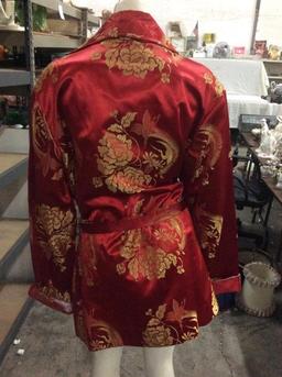 Silk Asian robe/smoking jacket with gold flower theme, quilted lapel and matching slippers