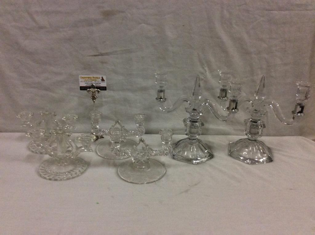 Set of 3 gorgeous 40's era glass/crystal candle holders incl. floral etched pair