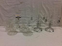 Set of 3 gorgeous 40's era glass/crystal candle holders incl. floral etched pair