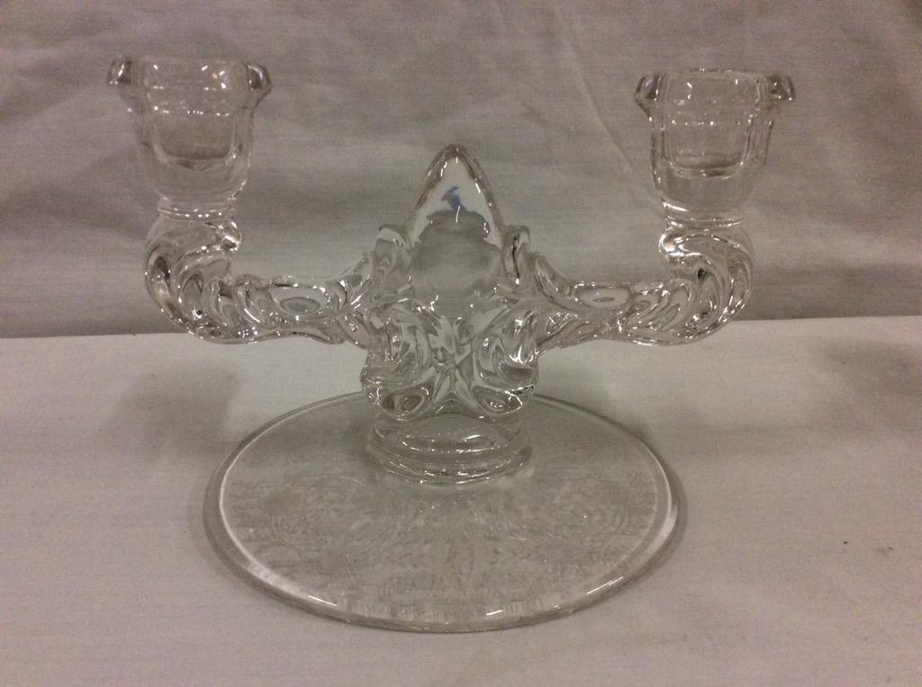 Set of 3 gorgeous 40's era glass/crystal candle holders incl. floral etched pair