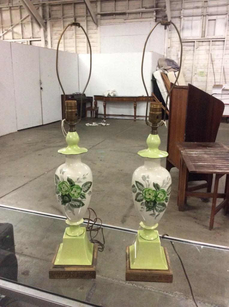 Set of vintage porcelain floral themed table lamps in greens/yellows