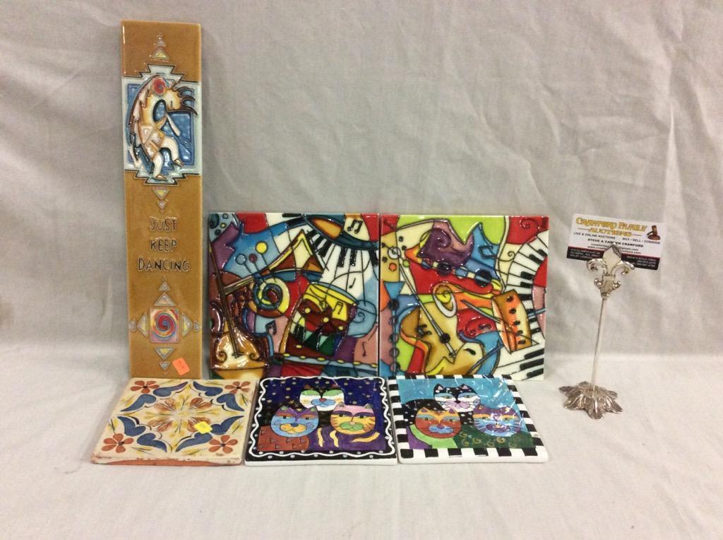 Selection of hand painted tiles incl. dancing Kokopelli tile, 2 cat tiles signed Milson & Louis +