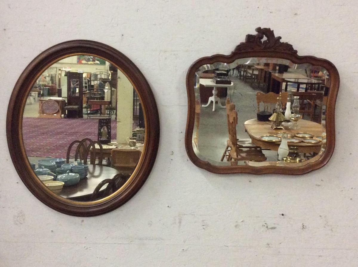 Set of two vintage mirrors including square antique style mirror and oval mirror with wood frames