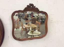 Set of two vintage mirrors including square antique style mirror and oval mirror with wood frames