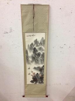 Lovely hand painted mountain scene Japanese scroll