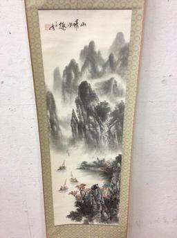 Lovely hand painted mountain scene Japanese scroll