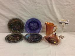 6 pieces art glass incl. 4 Fenton commemorative carnival glass plates, marigold pitcher & nice dish