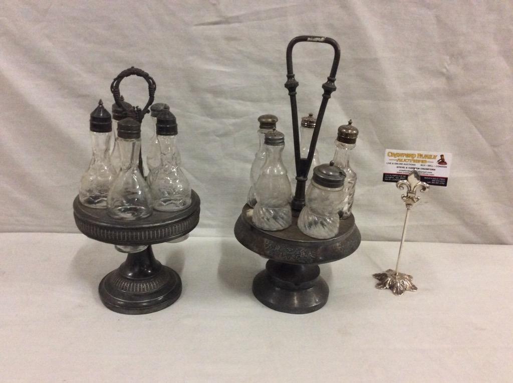 pair of two antique silverplate and crystal cruet display dispensers in good cond