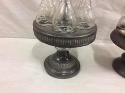 pair of two antique silverplate and crystal cruet display dispensers in good cond