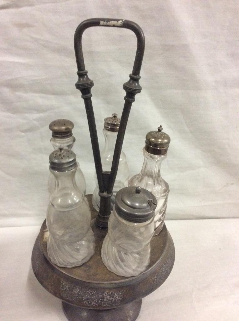 pair of two antique silverplate and crystal cruet display dispensers in good cond